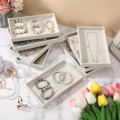 Inbagi 8 Pcs Small Velvet Jewelry Tray Stackable Jewelry Drawers Organizer Trays Jewelry Storage Trays 8.3 x 4.7 x 1 Inches (Beige) - color: Beige