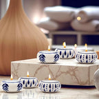 CLEENTABLE Ceramic Tea Light Holders Set of 6 - Handcrafted Candle Holder Bulk - Ideal Fall Decor for Boho Wedding Centerpiece Table, Home Decor & Thanksgiving Indoor (Blue White)