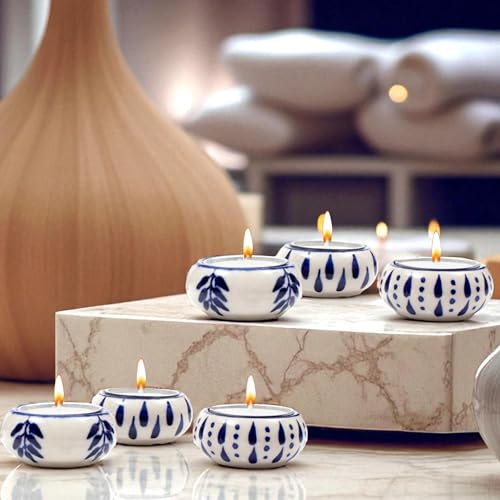 CLEENTABLE Ceramic Tea Light Holders Set of 6 - Handcrafted Candle Holder Bulk - Ideal Fall Decor for Boho Wedding Centerpiece Table, Home Decor & Thanksgiving Indoor (Blue White)