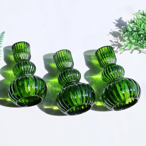 Woho Green Taper Candle Holders Set of 3 for Christmas Decorations, 4.3" H Ribbed Glass Candlestick Holders for Spring Wedding Table, Vintage Candle Sticks Holder Decor Home Decor - color: Green