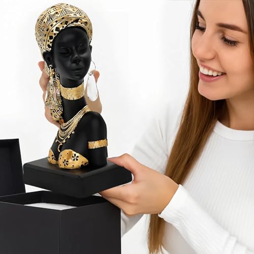 African Woman Resin Bust Sculpture with Crystal Earrings – Tribal Lady Figurine in Gold Headdress for Home Decor, Black and Gold Accent Statue for Shelf, Table, Office, Gift for Women - color: 317gold