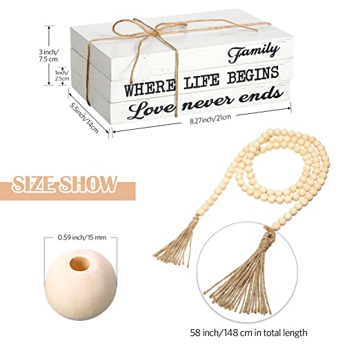 Jetec 3 Pcs Decorative Display Books Hardcover White Home Decor Coffee Table Faux Farmhouse Stacked Fake Decorative Books with Wood Bead Tassels for Shelves Kitchen, 58 Inch, Family Where Life Begins - style: Family Where Life Begins