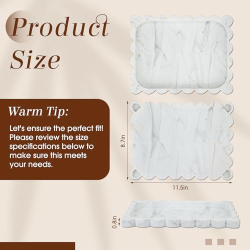 Silicone Bathroom Tray 11.5 x 8.7 Inch Scalloped Silicone Decorative Tray for Soap Dispenser Bottles, Bathroom, Dresser, Kitchen, Vanity, Home Decor, Marble Texture Design (White) - color: White