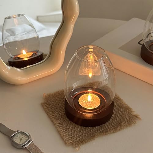 Glass Candle Holders, Egg Shaped Candlestick Holder with Wooden Base Clear Candle Stand Vintage Candles Rack, Rustic Farmhouse Decor for Wedding, Decoration and Dinning