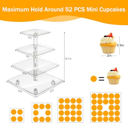 YestBuy 4 Tier Cupcake Stand Acrylic Tower Display with LED Light Premium Holder Dessert Tree Tower for Birthday Cady Bar Décor Weddings, Parties Events (Yellow Light) - color: Yellow, size: 4 tier