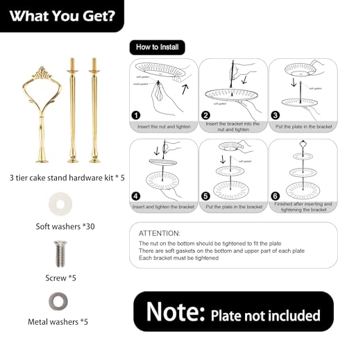 3 Tier Tiered Tray Hardware Kits Fruit Cake Plate Handle Fitting Hardware Rod Dessert Stand Holder Golden Crown 5 Set（Plate not Included） - color: Gold