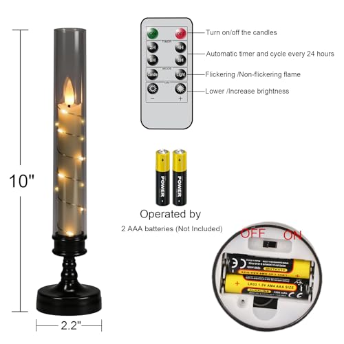 GenSwin Halloween Flameless Taper Candles with Remote and String Lights, Black Halloween Flameless Candles Battery Operated, 2 Pcs LED Flickering Candlesticks for Home Window Table Decor(D2.2”xH10”) - color: 2-Black