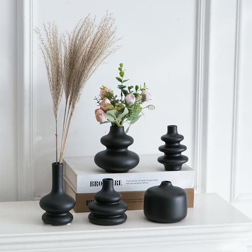 JOJUNO Black Bud Vases, Small Ceramic Vase Set of 5, Mini Pottery Vases for Flowers, Decorative Vases for Home Modern Decor, Boho Decor, Chic Vases for Living Room Dining Table Shelves - color: Black