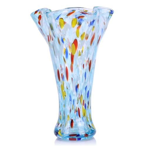 9.1H Murano Hand Blown Glass Vase, Ruffled Scalloped Rim Trumpet Shape, Wide Mouth Colorful Decorative Glass Vase, Sculptural Art Centerpiece for Living Room Table, Bathroom, Office Shelf (Blue-Red) - color: Blue-red