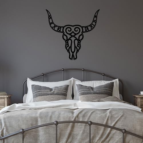 GlintHome Western Decor - Large Black Metal Wall Art Southwestern Living Room Decor Cow Skull Rustic Artwork for Bedroom Offcie Country Room Decor - color: Black-4, size: Large