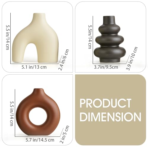 Modern Ceramic Decorative Vase Set of 3 – Minimalist Sculptural Vases for Living Room, Shelf & Table Decor, Nordic Donut Vase Set for Contemporary Home Decor (Cream Matte and Brown) - color: Cream Matte and Brown