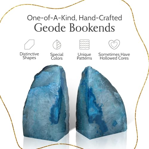 Nature's Decorations Agate Bookends - A Quality Teal Geode with Non-Skid Rubber Bumpers for Shelves, Office, Home Decor - Heavy Duty Cool Crystal Stone (3-4 LB) - color: Teal, size: A Grade 3 - 4 Lbs