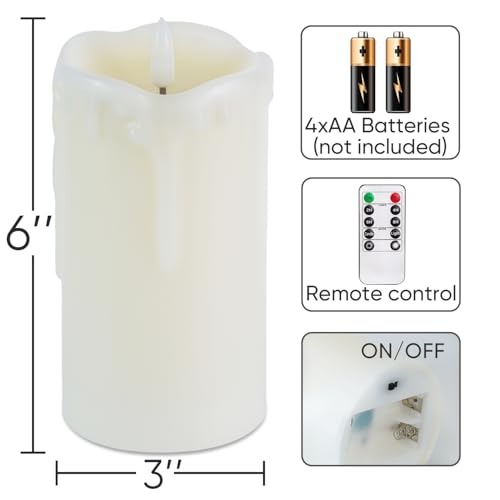 Raycare 6"x3" Dripping Wax Flameless Candles, Battery Operated LED Candles with Remote Control and Timer, Electric Fake Plastic Pillar Candles, Set of 2 - color: D3"xH6"6"-Ivory Wax