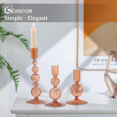 Glasseam Candle Sticks Holder Decor: Amber Glass Candle Holders Set of 3 Modern CandleHolders for Taper Candlesticks Unique Fall Candle Holders for Halloween Centerpiece Table Decor Thanksgiving - color: Brown