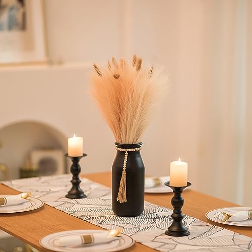 Sziqiqi Black Decorative Flower Vase - 9in Boho Vase with Bead Strings for Pampas Grass Vintage Metal Vases for Table Home Decor Matte Cylinder Vase for Artificial Flowers Rose Twigs - style: Boho Black Flower Vase