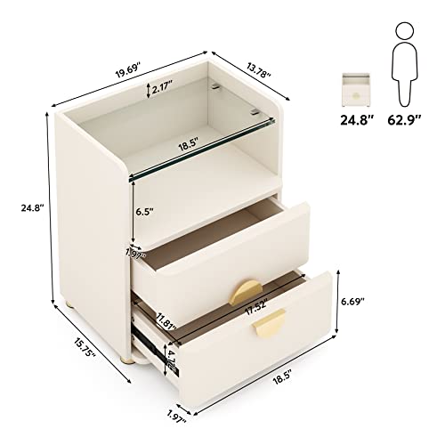 Tribesigns Nightstands, 2-Drawer Modern Night Stand with Open Storage Space, Wood Bed Side Table for Bedroom, Tempered Glasses End Table with Gold Round Metal Legs for Living Room, Easy Assembly