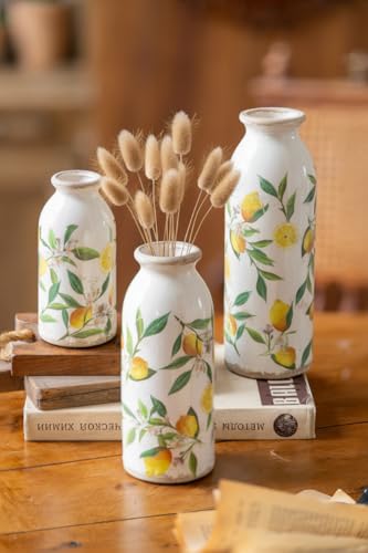 Teweiqi Vintage Vase Set of 3, Ceramic Flower Vases Decor, Rustic Farmhouse Vases Retro Decorative Vases, for Home Living Room Kitchen Table Mantle Shelf Decor - Lemon - color: Lemon, size: set of 3