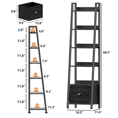 Furologee 6 Tier Ladder Shelf,Ladder Bookshelf with Drawer,Industrial Tall Bookcase,Storage Rack Organizer,Wood Metal Freestanding Shelves for Living Room, Home Office, Bedroom,Black Oak - color: Black Oak, size: 6-Tier, 15" W