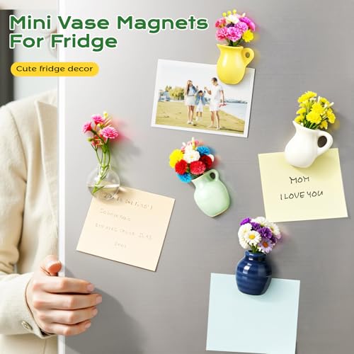 Renmxj 8 Pcs Refrigerator Magnets - Cute Mini Ceramic Vase Fridge Magnets with Artificial Flowers, Funny Tiny Vase Magnet for Fridge Decorative, Office, Kitchen, Locker, Whiteboard - color: 8 Pack