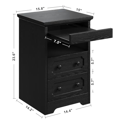 LIKIMIO Night Stand, Modern Bedside Table with 2 Drawers, Open Shelf, End Table with Pull-Out Tray, Wood SideTable, Black - color: Black