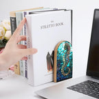 2 PCS Wood Book Ends,Seahorse Stained Glass Art Bookends for Shelves Non Skid Book Ends for Office Home Kitchen, Bookends for Holiding Books 5x3 Inch