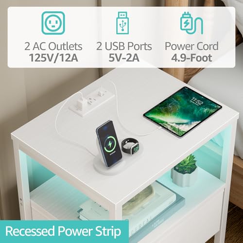 BOLUO White Nightstand with Charging Station, LED Night Stand with Fabric Drawers and Shelf, Bedside Table with USB Ports and Outlets, Bedroom Nightstand Modern - color: A.white