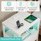 BOLUO White Nightstand with Charging Station, LED Night Stand with Fabric Drawers and Shelf, Bedside Table with USB Ports and Outlets, Bedroom Nightstand Modern - color: A.white