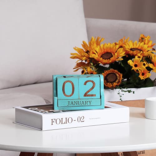 Wooden Desk Calendar,Desk Calendar Blocks for Teachers,Office Perpetual Date Block Small Home Desktop Decor Chic Vintage Month with Number Cubes Display Rustic Decoration(Ocean Blue) - color: Rustic Ocean Blue