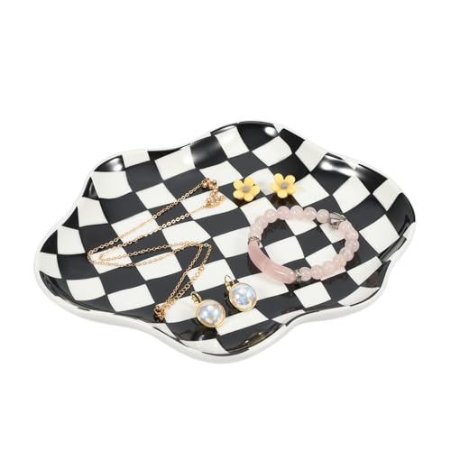Koythin Jewelry Tray, Ceramic Jewelry Dish Trinket Tray Organizer, Checkered Pattern Aesthetic Decorative for Kitchen, Bathroom (Black and White Checkerboard) - color: Black and White Checkerboard