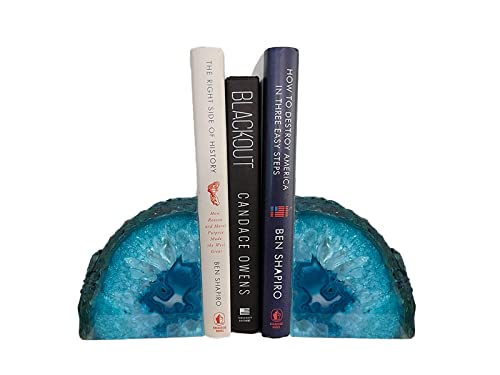 AMOYSTONE Teal Agate Bookends, Decorative Brazilian Crystal Quartz Book Stopper, 3-4 LBS with Non-Slip Mat, Perfect for Kitchen Cookbooks and Bookshelf Ends - color: Teal, size: 3-4 Pounds