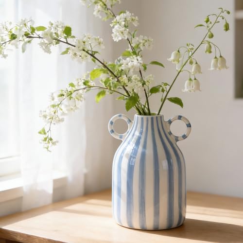 Ceramic Blue and White Striped Vase with Handle, Modern Minimalist Coastal Decor Home for Centerpieces for Tables, Kitchen Office, Bookshelf, Bedroom Aesthetic Decor (A) - color: Blue White