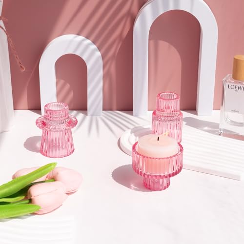 Candlestick Holders Set of 6, Ribbed Glass Taper Candle Holders, Reversible Pink Tealight & Candle Stick Candle Holder Vintage Crystal Tapered Candlestick for Wedding Dinner Party Festival - color: Pink