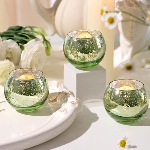 Volens Round Green Votive Candle Holders Set of 12, Green Wedding Centerpiece Table Decorations, Mercury Glass Tealight Candle Holder for Bridal Shower, Baby Shower & Home Decor - color: Green