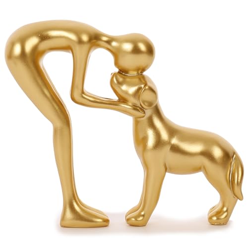Cute Pet Sculpture Home Decor Man and Dog Statue Decoration for Office、Living Room、Bedroom、Home， Memory Gifts for Dog Lovers (Golden) - color: Golden