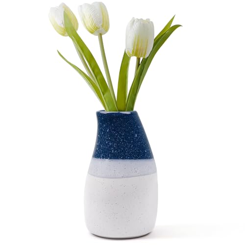 Ceramic Vase – 5.9” Tall Handmade Blue and White Glazed Pottery for Home Decor – Modern Asymmetrical Flower Vase for Living Room, Shelf, Table Centerpiece – 18oz / 500ml