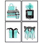 Blue Glam Wall Art - Designer Perfume, Shoes, Handbags - High Fashion Design Gift for Fashionista - Luxury Couture Wall Decor Poster Print Picture Set for Women, Girls Bedroom, Teens Room - size: 8x10