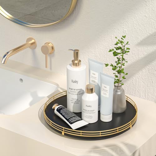 13" Oak Wood Bathroom Tray for Counter, Vanity Tray for Perfume Lotion Candle Makeup Jewelry Sink Soap Holder Turntable Dresser Organizer Countertop Coffee Table Decor Organization and Storage Gold - color: Gold Black, size: 13