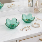Green Flower Ring Dish Jewelry Tray, Small Glass Trinket Tray for Rings Earrings, Present for Wife Mom Daughter Women - color: Green