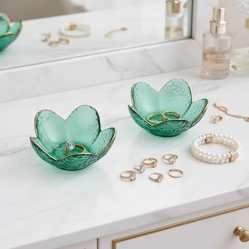 Green Flower Ring Dish Jewelry Tray, Small Glass Trinket Tray for Rings Earrings, Present for Wife Mom Daughter Women - color: Green