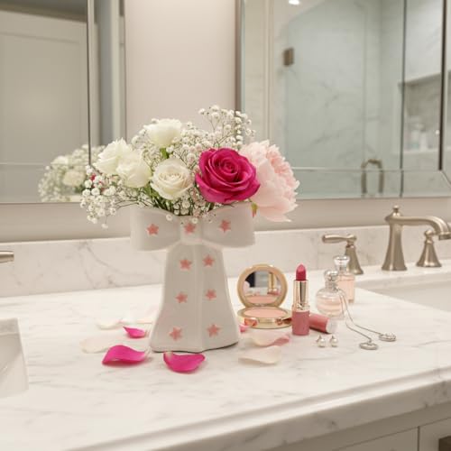 White Bow Vase, White and Pink Flower Vase for Home Decor, Ceramic Vases for Boho Style, Large Cute Vases for Ideal Shelf Decor/Table/Living Room. (Pink 3, Large) - color: Pink 3