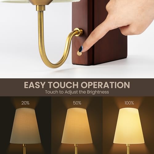 AELS Wooden Bookshelf Lamp with Bulb, Cordless Touch Dimmable Table Lamp with Linen Fabric Shade, Battery Operated, Modern Decorative Bookend, Book Sconce for Office Home Bedroom Bookshelf, Dark Brown - color: Dark Brown, size: Rechargeable Model