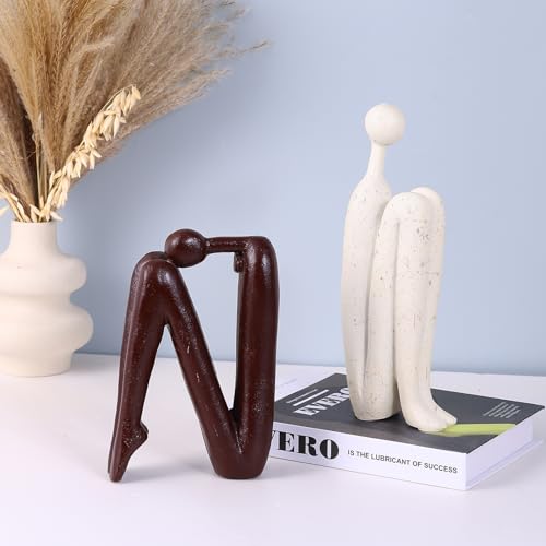 Heavy Bookends for Heavy Books – Modern Decorative Book Ends Thinker Statue, Creative Bookends Book Stopper for Shelves, Abstract Sculpture Bookshelf Desk Decor for Home Office (White and Red Brown) - color: White and Red Brown