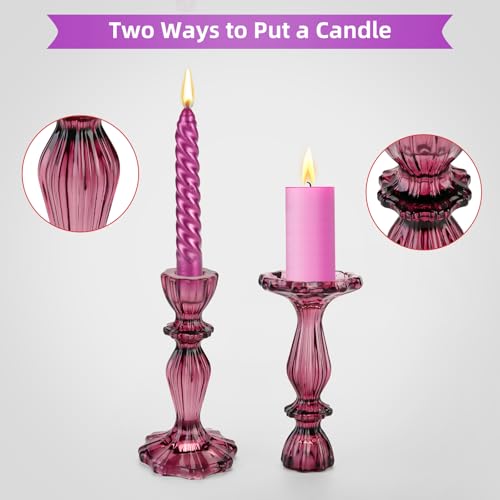 Glass Candle Holders, 2PCS Wide Base Candlestick Holder Decorative Candle Stand Table Centerpieces for Halloween Christmas Wedding Birthday Party, Dark Purple - color: Dark Purple
