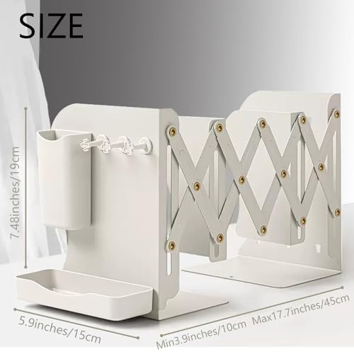 Adjustable Metal Bookends Heavy Duty for Shelves, 2 Dividers, Side Organzier, Anti-Slip Design Expandable Book Ends for Desk, Office(White, 18 inches Max)