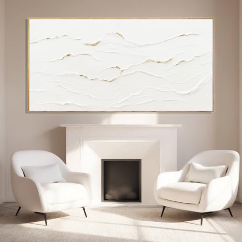WINKAILIN Large Wavy Line White Abstract Wall Art with Frame Minimalist Modern Hand drawn Painting Textured Poster for Living Room Dining Room Bedroom Decor 29"x58" - color: White and Gold, size: 58"L x 29"W