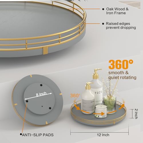 12" Wooden Lazy Susan Turntable for Cabinet – Roud Rotating Spice Rack Organizer, Gray Kitchen Countertop Tray for Dining Table & Pantry Storage （Gray & Gold） - color: Gray & Gold, size: 12