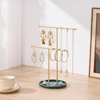 Gold Jewelry Holder Stand with Ceramic Tray: Small Hanging Necklace Organizer Tree for Earrings, Bracelets, Rings – Jewelry Display Hanger for Women & Girls, Green - color: green tray gold bar