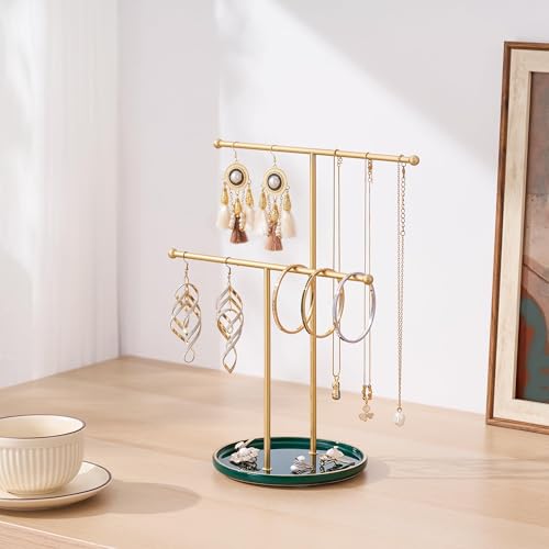 Gold Jewelry Holder Stand with Ceramic Tray: Small Hanging Necklace Organizer Tree for Earrings, Bracelets, Rings – Jewelry Display Hanger for Women & Girls, Green - color: green tray gold bar