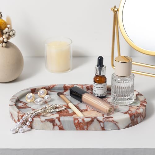 Red Marble Oval Tray 10x6 Inch - Vanity & Bathroom Organizer, Jewelry Dish, Coffee Table Decor - Natural Stone Desktop Catchall - style: Calacatta Red - 1 Pack