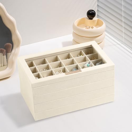 Frebeauty Stackable Jewelry Trays, Velvet Drawer Jewelry Organizer with Glass Lid,5 in 1 Multi-Functional Jewelry Storage for Earrings Necklaces Rings, 10.5 x 6.5 x 5.55 Inches Gift for Women(Beige) - color: Beige, size: Set5-A